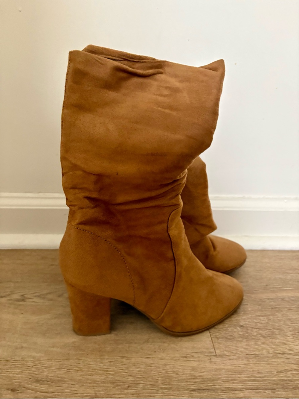 New York & Company Slouchy Mid-Calf Heeled Boots - Camel Brown